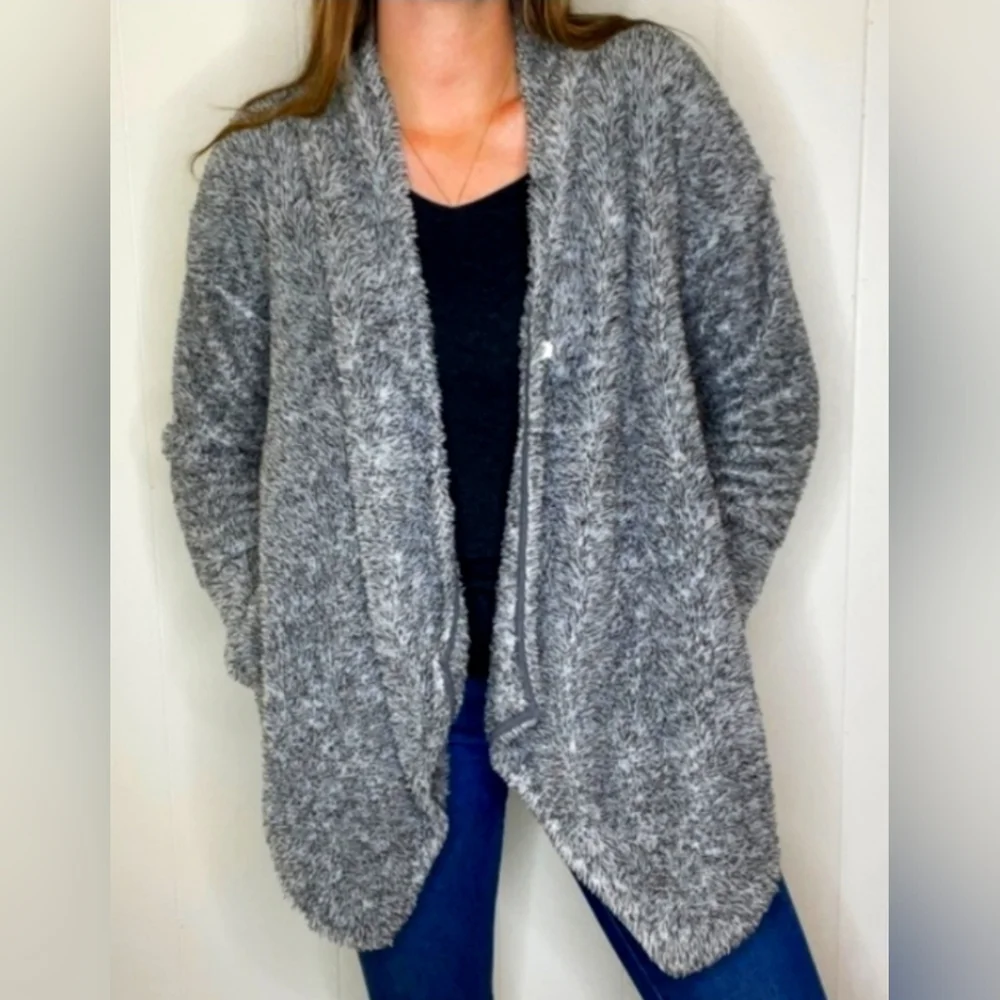 Soft Surroundings Cozy Up Waterfall Cardigan with pockets Size Medium Grey/White - Picture 1 of 5